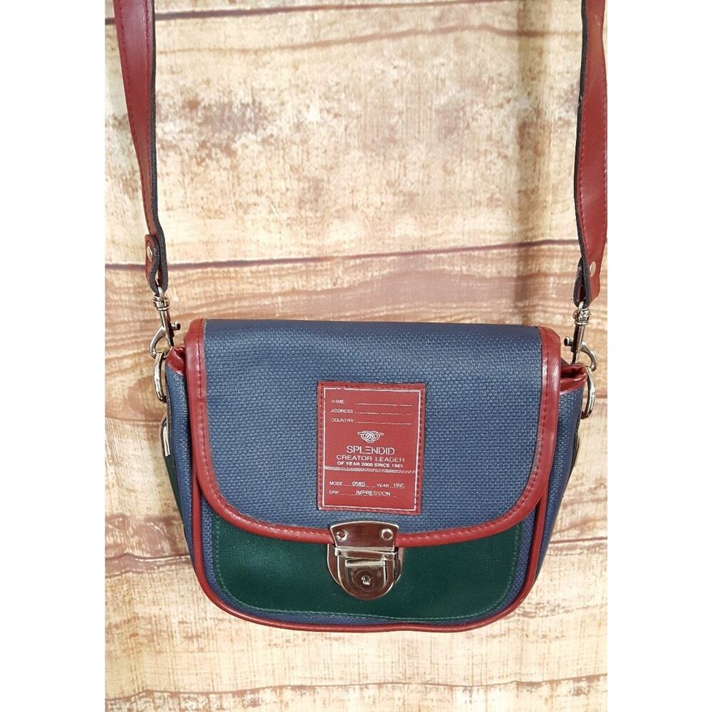 Splendid Impression Crossbody Leather Shoulder Hardbody Purse Navy Green Defect